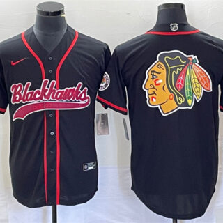 Men's Chicago Blackhawks Black Team Big Logo Cool Base Stitched Baseball Jersey