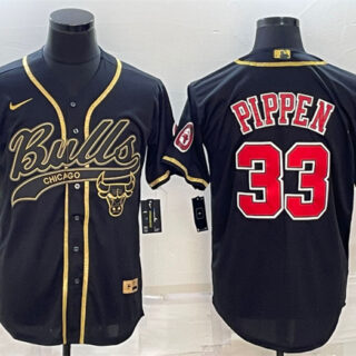 Men's Chicago Bulls #33 Scottie Pippen Black Gold With Patch Cool Base Stitched Baseball Jersey