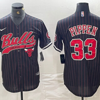 Men's Chicago Bulls #33 Scottie Pippen Black Pinstripe Cool Base Stitched Baseball Jersey 4