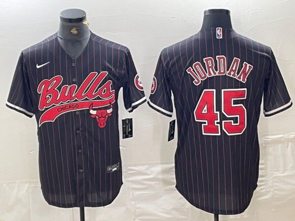 Men's Chicago Bulls #45 Michael Jordan Black Pinstripe Cool Base Stitched Baseball Jersey 3