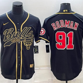 Men's Chicago Bulls #91 Dennis Rodman Black Gold With Patch Cool Base Stitched Baseball Jersey