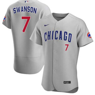 Men's Chicago Cubs #7 Dansby Swanson Grey Flex Base Stitched Baseball Jersey