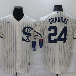 Men's Chicago White Sox #24 Yasmani Grandal 2021 Cream Navy Field of Dreams Name Flex Base Stitched Jersey