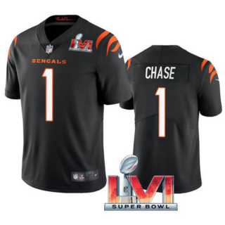 Men's Cincinnati Bengals #1 Ja'Marr Chase 2022 Black Super Bowl LVI Vapor Limited Stitched Jersey