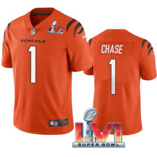 Men's Cincinnati Bengals #1 Ja'Marr Chase 2022 Orange Super Bowl LVI Vapor Limited Stitched Jersey