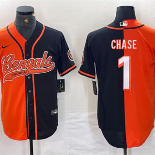 Men's Cincinnati Bengals #1 Ja'Marr Chase Black Orange Split With Patch Cool Base Stitched Baseball Jersey