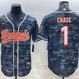 Men's Cincinnati Bengals #1 Ja'Marr Chase Grey Camo With Patch Cool Base Stitched Baseball Jersey