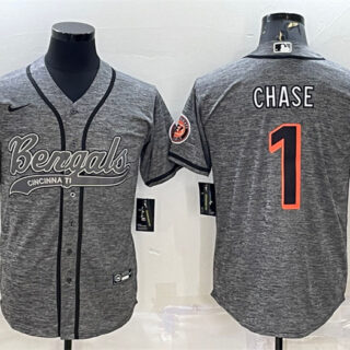 Men's Cincinnati Bengals #1 Ja'Marr Chase Grey With Patch Cool Base Stitched Baseball Jersey