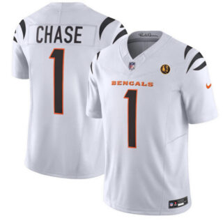 Men's Cincinnati Bengals #1 Ja'Marr Chase White 2023 F.U.S.E. With John Madden Patch Vapor Limited Stitched Football Jersey