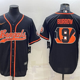 Men's Cincinnati Bengals #9 Joe Burrow Black Team Big Logo With Patch Cool Base Stitched Baseball Jersey