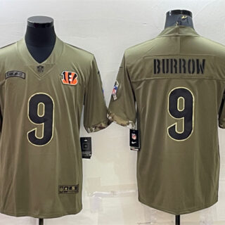 Men's Cincinnati Bengals #9 Joe Burrow Olive 2022 Salute To Service Limited Stitched Jersey