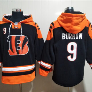 Men's Cincinnati Bengals #9 Joe Burrow Orange Black Ageless Must-Have Lace-Up Pullover Hoodie