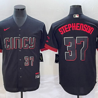 Men's Cincinnati Reds #37 Tyler Stephenson Black 2023 City Connect With Patch Stitched Jersey