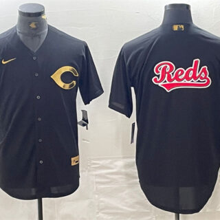 Men's Cincinnati Reds Black Team Big Logo Cool Base Stitched Baseball Jersey 3