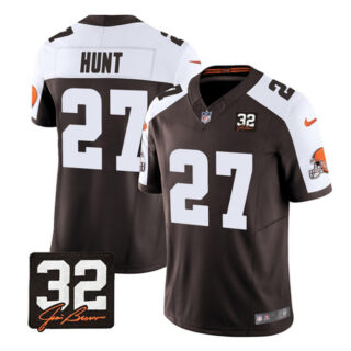 Men's Cleveland Browns #27 Kareem Hunt Brown White 2023 F.U.S.E. With Jim Brown Memorial Patch Vapor Untouchable Limited Stitched Jersey