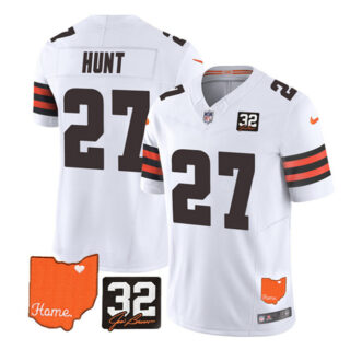 Men's Cleveland Browns #27 Kareem Hunt White 2023 F.U.S.E. With Jim Brown Memorial Patch Vapor Untouchable Limited Stitched Jersey