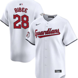 Men's Cleveland Guardians #28 Tanner Bibee White Cool Base Stitched Baseball Jersey