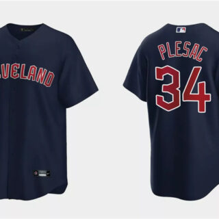 Men's Cleveland Guardians #34 Zach Plesac Navy Cool Base Stitched Jersey