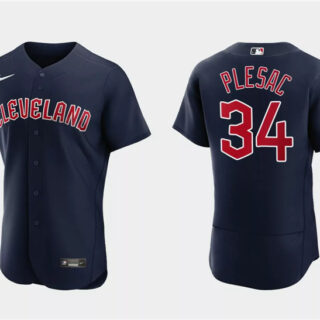 Men's Cleveland Guardians #34 Zach Plesac Navy Flex Base Stitched Jersey