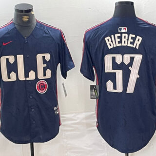 Men's Cleveland Guardians #57 Shane Bieber Navy 2024 City Connect Limited Stitched Baseball Jerseys