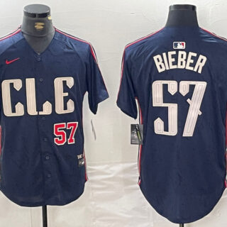 Men's Cleveland Guardians #57 Shane Bieber Navy 2024 City Connect Limited Stitched Baseball Jerseys