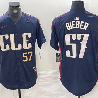 Men's Cleveland Guardians #57 Shane Bieber Navy 2024 City Connect Limited Stitched Baseball Jerseys