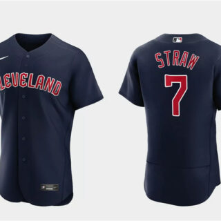 Men's Cleveland Guardians #7 Myles Straw Navy Flex Base Stitched Jersey