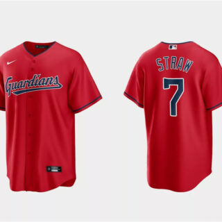 Men's Cleveland Guardians #7 Myles Straw Red Cool Base Stitched Jersey