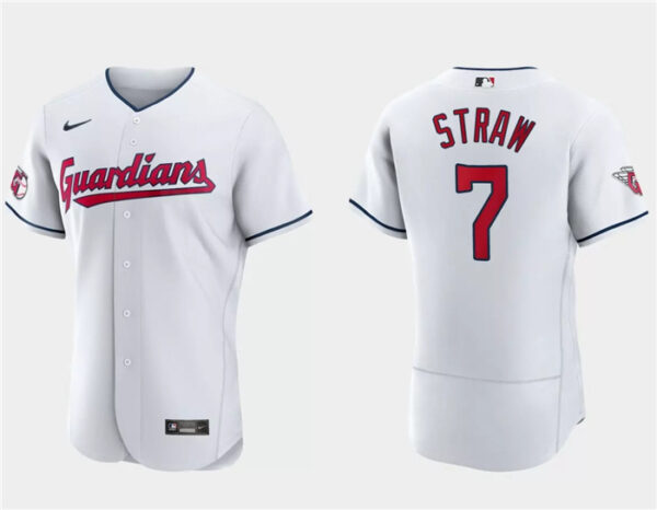 Men's Cleveland Guardians #7 Myles Straw White Flex Base Stitched Jersey