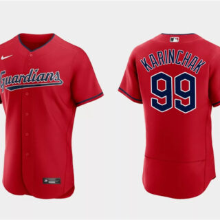 Men's Cleveland Guardians #99 James Karinchak Red Flex Base Stitched Jersey
