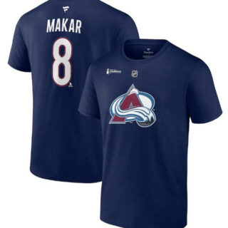 Men's Colorado Avalanche #8 Cale Makar Navy 2022 Stanley Cup Champions Authentic Stack Name & Number T-Shirt