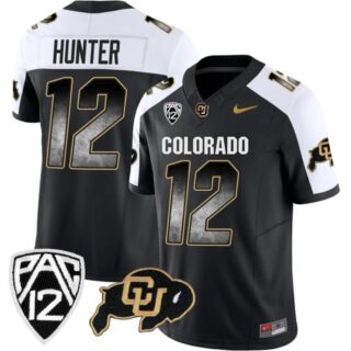 Men's Colorado Buffaloes #12 Travis Hunter Black White Arch Smoke 2023 F.U.S.E. With PAC-12 Patch Stitched Football Jersey