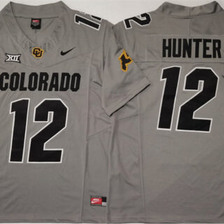 Men's Colorado Buffaloes #12 Travis Hunter Grey With Big 12 XII Patch 2024 F.U.S.E Stitched Football Jersey