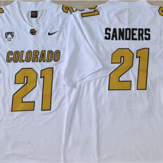 Men's Colorado Buffaloes #21 Shilo Sanders White 2023 With PAC-12 Patch Stitched Football Jersey