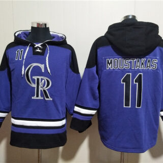 Men's Colorado Rockies #11 Mike Moustakas Purple Ageless Must-Have Lace-Up Pullover Hoodie