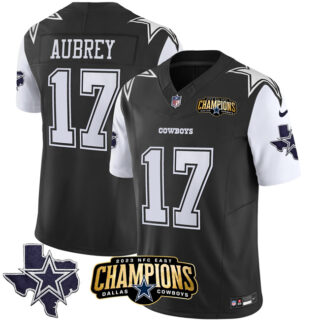 Men's Dallas Cowboys #17 Brandon Aubrey Black White 2023 F.U.S.E. NFC East Champions Patch Stitched Football Jersey