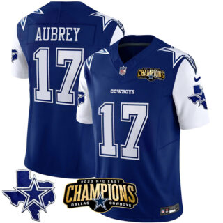 Men's Dallas Cowboys #17 Brandon Aubrey Blue White 2023 F.U.S.E. NFC East Champions Patch Stitched Football Jersey