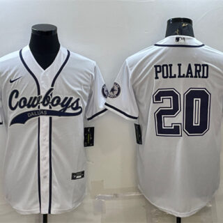 Men's Dallas Cowboys #20 Tony Pollard White With Patch Cool Base Stitched Baseball Jersey