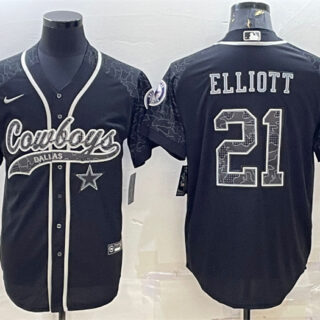 Men's Dallas Cowboys #21 Ezekiel Elliott Black Reflective With Patch Cool Base Stitched Baseball Jersey