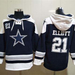 Men's Dallas Cowboys #21 Ezekiel Elliott Navy Ageless Must-Have Lace-Up Pullover Hoodie