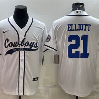 Men's Dallas Cowboys #21 Ezekiel Elliott White With Patch Cool Base Stitched Baseball Jersey