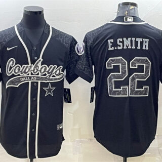 Men's Dallas Cowboys #22 Emmitt Smith Black Reflective With Patch Cool Base Stitched Baseball Jersey