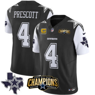 Men's Dallas Cowboys #4 Dak Prescott Black White 2023 F.U.S.E. NFC East Champions With 4-Star C Ptach Stitched Football Jersey