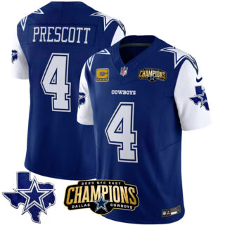 Men's Dallas Cowboys #4 Dak Prescott Blue White 2023 F.U.S.E. NFC East Champions With 4-Star C Ptach Stitched Football Jersey