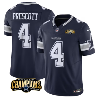 Men's Dallas Cowboys #4 Dak Prescott Navy 2023 F.U.S.E. NFC East Champions Patch Stitched Football Jersey