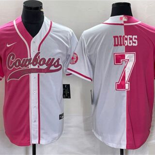 Men's Dallas Cowboys #7 Trevon Diggs Pink White Split Cool Base Stitched Baseball Jersey