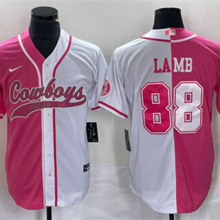 Men's Dallas Cowboys #88 CeeDee Lamb Pink White Split Cool Base Stitched Baseball Jersey
