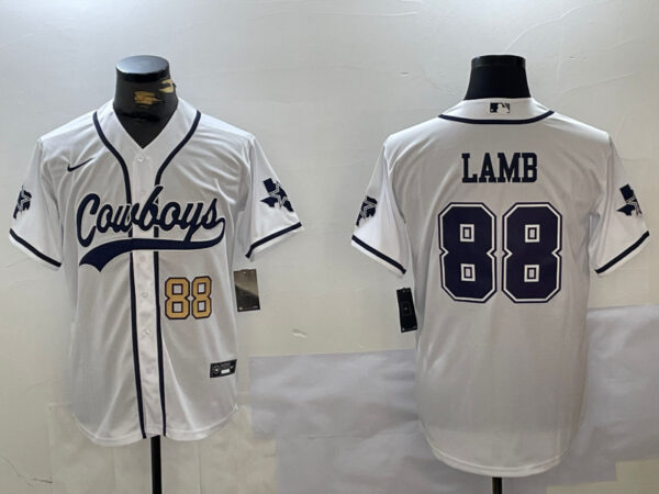 Men's Dallas Cowboys #88 CeeDee Lamb White With Patch Cool Base Stitched Baseball Jerseys