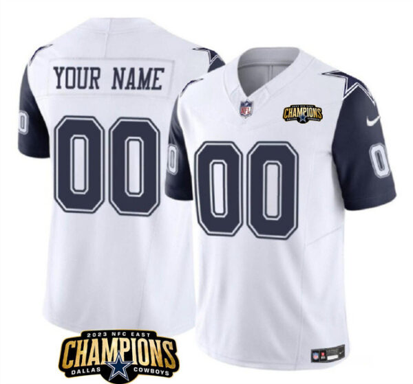 Men's Dallas Cowboys Active Player Custom White Navy 2023 F.U.S.E. NFC East Champions Patch Stitched Football Jersey