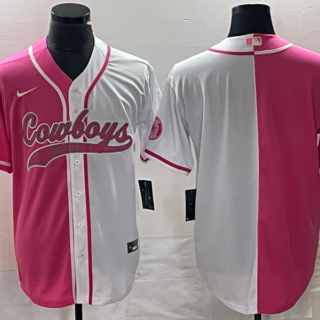Men's Dallas Cowboys Blank Pink White Split Cool Base Stitched Baseball Jersey